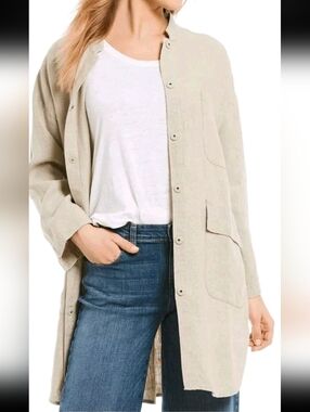 Eileen Fisher Womens Beige Long Sleeve Snap Organic Linen Dress Jacket Coat Sz L